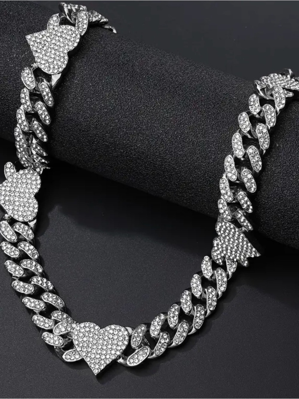 Silver Crystal Heart Cuban Link Necklace - Women's Jewelry